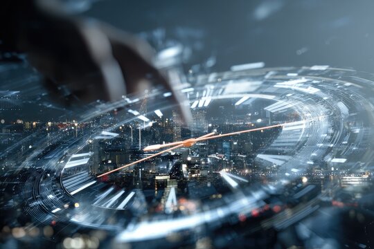 A hand interacts with a futuristic, digital clock face overlaid with a city skyline at night