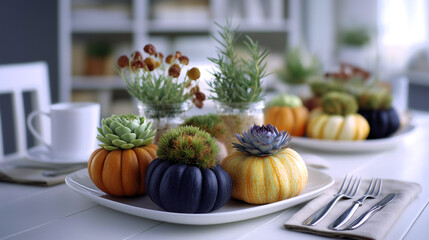 Elegant autumnal table setting with decorative pumpkins topped with succulents and plants, creating a sophisticated and festive atmosphere for Thanksgiving.
