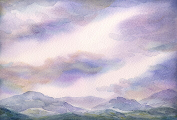 Watercolor painting. Stream among mountains