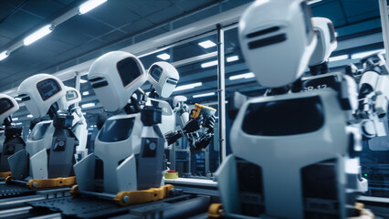 Innovative Humanoid Robots Precisely Assembled on a  Production Line, Highlighting Advanced Technology and Meticulous Engineering in a Futuristic Industrial Setting.