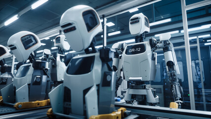 Advanced Humanoid Robots Meticulously Crafted on an Advanced Assembly Line, Showcasing Innovative Robotics and Precision Engineering in a High-tech Industrial Setting.