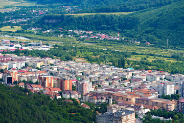 panoramic view from above on the street of city Piatra Neamt, Romania, city architecture, urban...