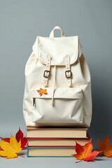 Cream-colored Backpack Resting on a Stack of Books Adorned with Autumn Leaves on a Gray Surface