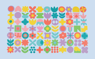 Obraz premium Vibrant retro floral pattern with geometric shapes and pastel colors