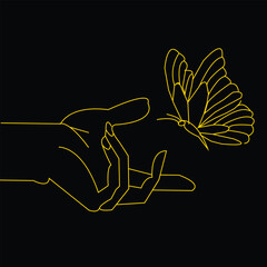Hand Holding Butterfly One Line Vector Illustration