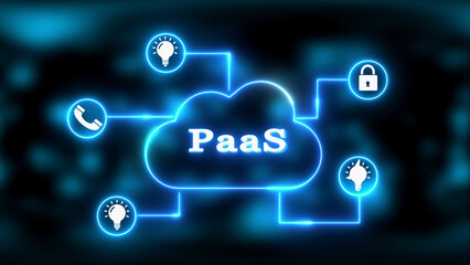Glowing Blue Neon Cloud Computing Paa S Network with Icons for Communication Security and Ideas PaaS