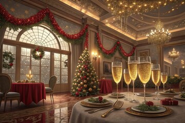 Elegant holiday party in gold and red with champagne, candles, and festive luxurious atmosphere