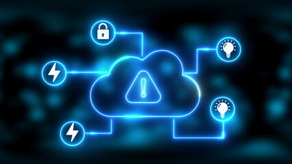 Digital Cloud Network with Warning Symbol and Security and Energy Icons alert