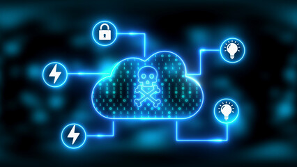Cyber Threat Skull and Crossbones in Digital Cloud Network with Security and Energy Icons graphic design