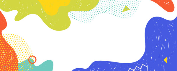 Funky Memphis pattern background with abstract fluid shapes and playful crayon texture. Pop art lines and geometric shapes in a trendy 90s or 80s style. Playground banner frame with text place