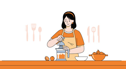 Woman Squeezing Orange Juice, Illustration Depicting Healthy Lifestyle And Nutrition