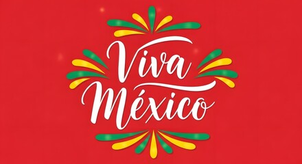 Viva México Text with Festive Bursts – Independence Day Red Background Celebration