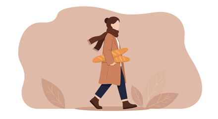 Woman Strolling With Baguettes In A Casual Outfit Against A Beige Backdrop Scene