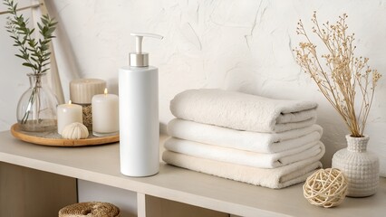 white pump bottle and towels on beige shelf