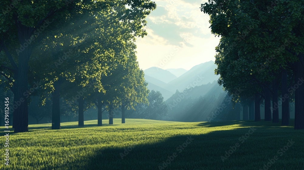 Poster embracing tranquility in a serene nature scene with soft sunlight filtering through the lush foliage