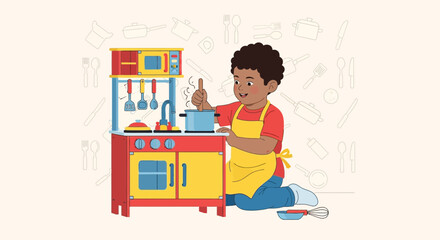 Fototapeta premium Young Boy Cooking and Having Fun in a Colorful Play Kitchen, Imagination Flourishes