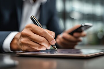 Close-up of hands in business attire, writing on tablet, holding phone