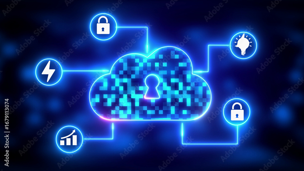 Aufkleber neon blue cloud with keyhole and digital icons on a dark blurred background cloud computing technolo