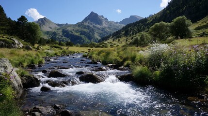 Scenic mountain landscape with a flowing river under bright blue skies and surrounding greenery in summer