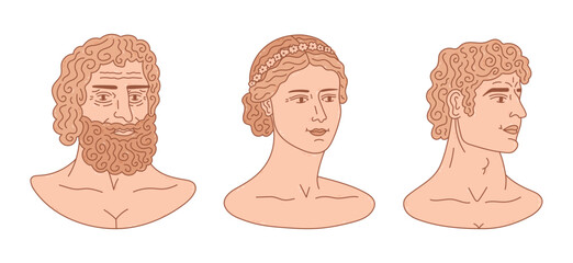 Lovely doodle set of Greek woman and man sculpture. Hand drawn antique bust of David, young goddess, old god Jupiter. Trendy colourful collection of ancient marble head statues isolated on white
