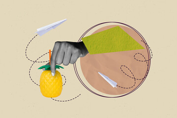 Art pop collage of hand showing ananas juice on pastel color background