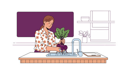 Woman Washing Fresh Beetroot in Kitchen, Preparing Nutritious Food with a Smile.