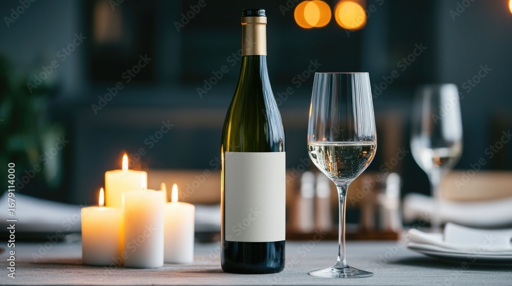 Poster intimate candlelit dinner table setting with wine bottles and glasses creating a warm and romantic a