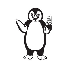 Cartoon Penguin Holding Ice Cream Black and White Illustration with Heart Symbol and Playful Pose
