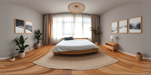360 HDR Japandi Bedroom Interior with Wooden Furniture and Soft Lighting