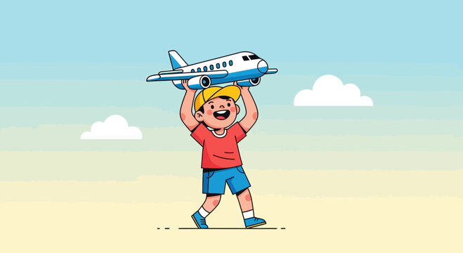 Young boy holding toy airplane, joyful about travel, childhood dream concept, happy