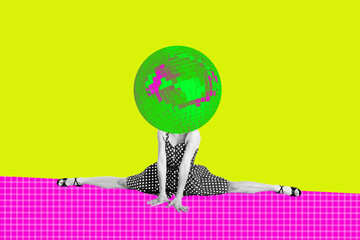 Composite sketch image design trend artwork collage of yong woman body sit twine discoball head...