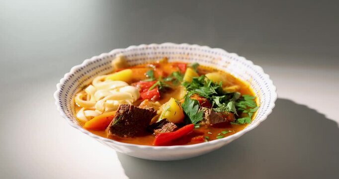 A bowl of delicious Lagman, a rich and flavorful soup with noodles, meat, and vegetables, is shown. Steam rises, revealing its fresh aroma.