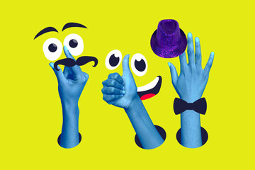Poster trend collage image of human hands show emoji gesture social network thumb-up reaction...