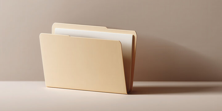 Minimalist beige folder with white paper inside on neutral background casting soft shadow for office use