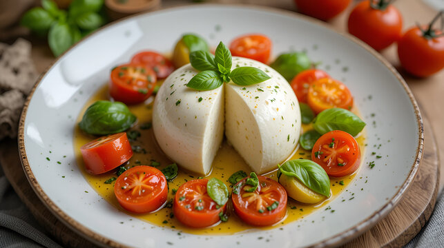 mozzarella buffala cut in the middle, in the center of a plate, with roquet, basilic, olive oil and tomatoes on the side