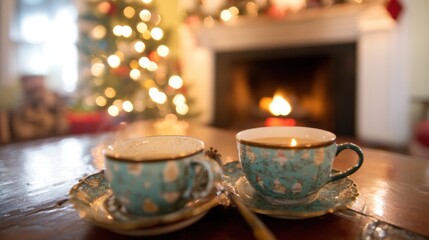Fototapeta premium Cozy holiday tea setting with decorated tree and warm fireplace glow