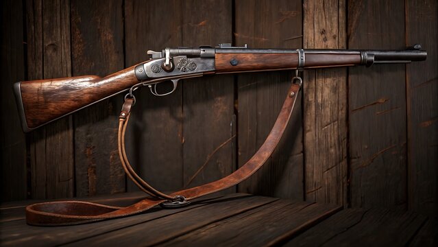 Antique rifle with leather sling against rustic wooden wall