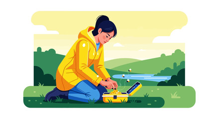 Young Apiarist In Yellow Coat Inspecting Beehive With Nature Background Illustration