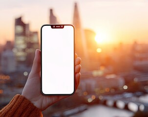 Handheld phone displays blank screen against city sunset