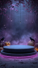 Empty podium surrounded by crows, spiderwebs, pumpkins and pink and blue neon lights creates a spooky halloween background perfect for product presentations