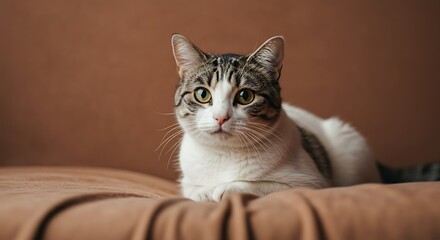 Obraz premium Close-up Portrait of a Tabby Cat with Green Eyes on a Brown Background