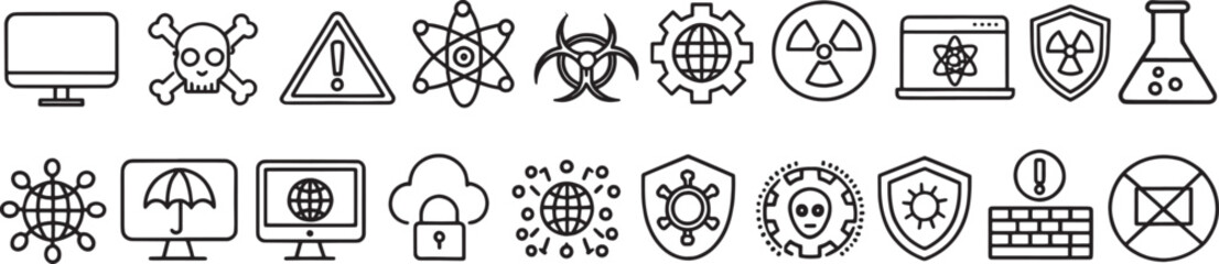 Obraz premium Cybersecurity and Digital Protection Line Art Icons with Danger and Security Symbols