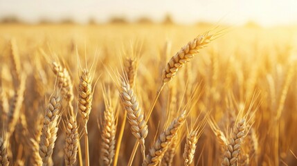 Fototapeta premium Sunlit field of golden wheat swaying gracefully in the gentle breeze creating a picturesque and serene countryside landscape The ripening crop glistens in the warm sunlight
