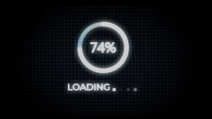 White neon loading circle with 74 percent progress on a dark grid background percentage