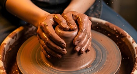 Hands shaping clay on a pottery wheel, creating a ceramic piece with focus and skill, representing the art of pottery and craftsmanship