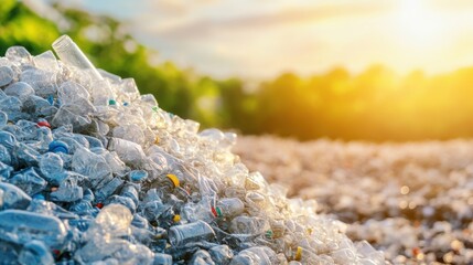 Plastic waste piles under the bright sun in a landfill area