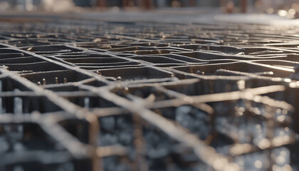 Close-up of Weathered Metal Rebar Grid on Construction Site