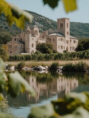 Fototapeta premium Traditional Italian architecture with stone villas, terracotta roofs and rustic arches. Scenic Tuscan towns and Mediterranean courtyards with authentic charm.