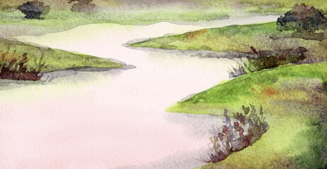 Watercolor landscape. Sunset over the river