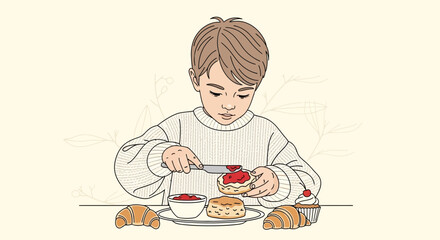 Young Boy Spreading Jam on Scone, A Moment of Breakfast Delight and Sweetness